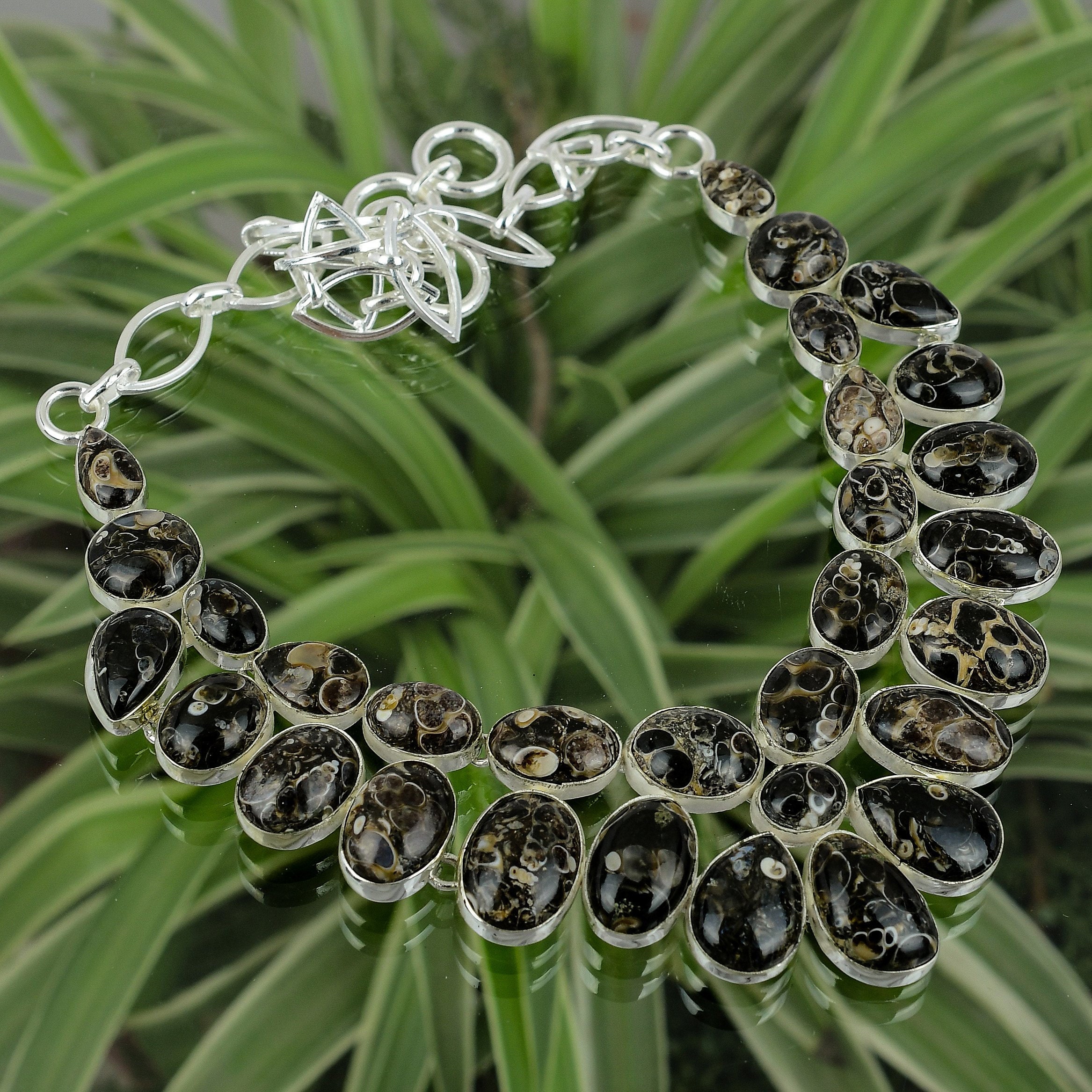 Handmade Turritella Agate Necklace: 925 Sterling Silver, Adjustable Chain