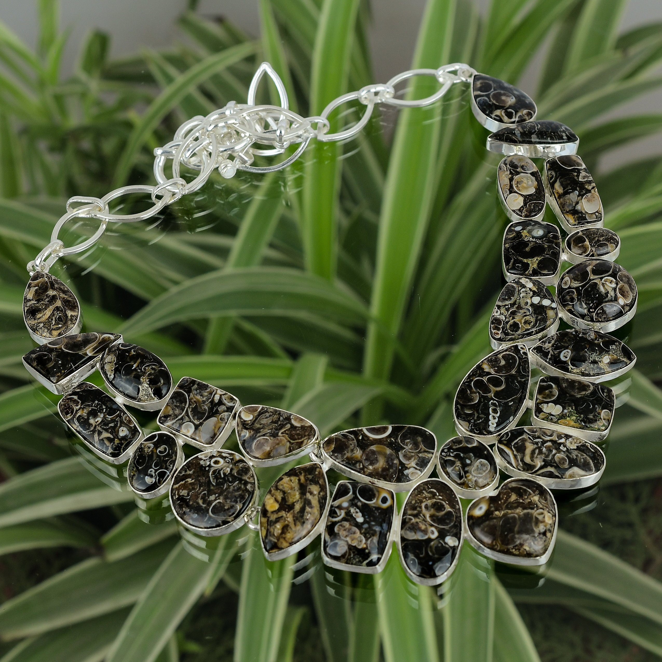 Handmade Turritella Agate Necklace: 925 Sterling Silver Adjustable Chain