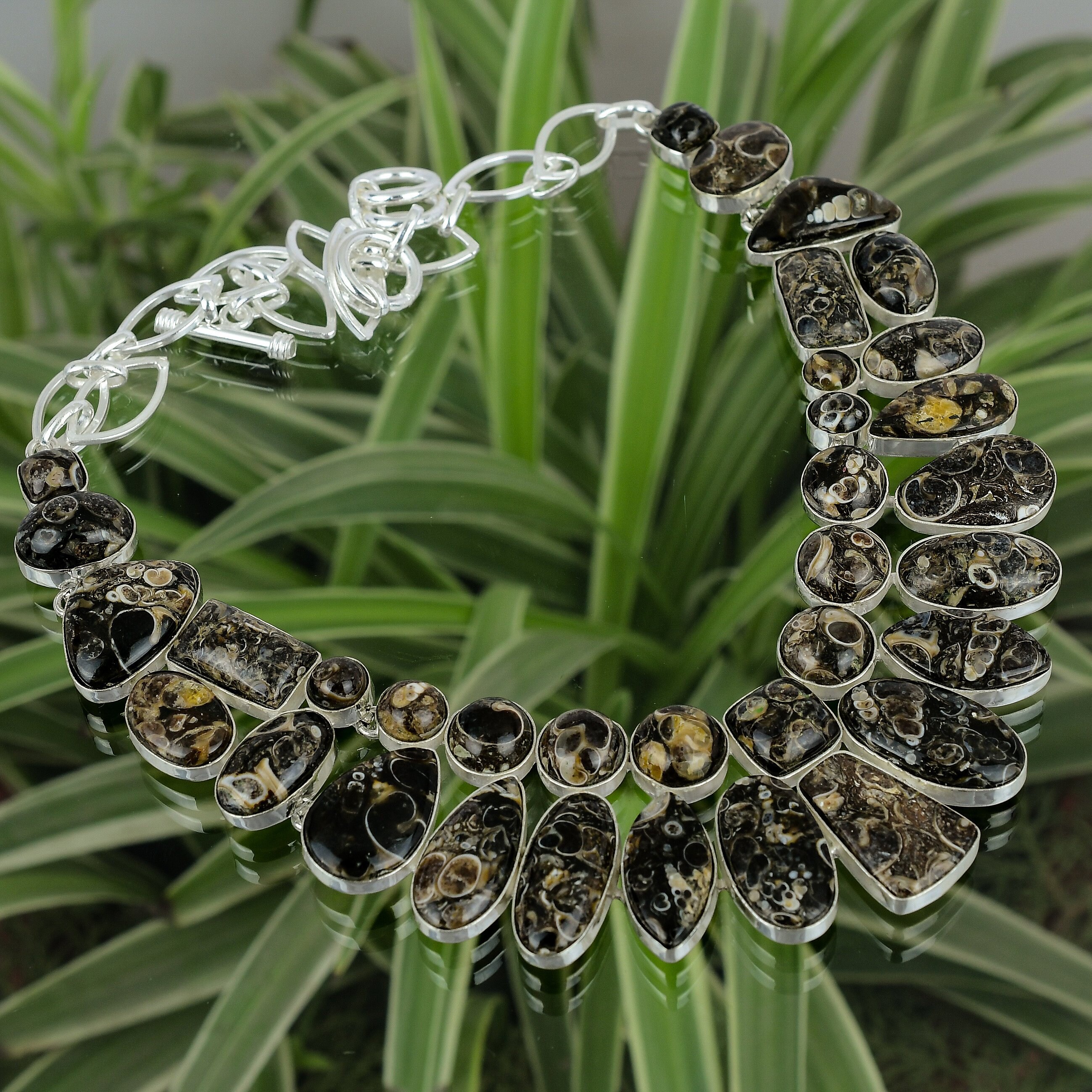 Handmade Turritella Agate Necklace: 925 Sterling Silver Adjustable Chain