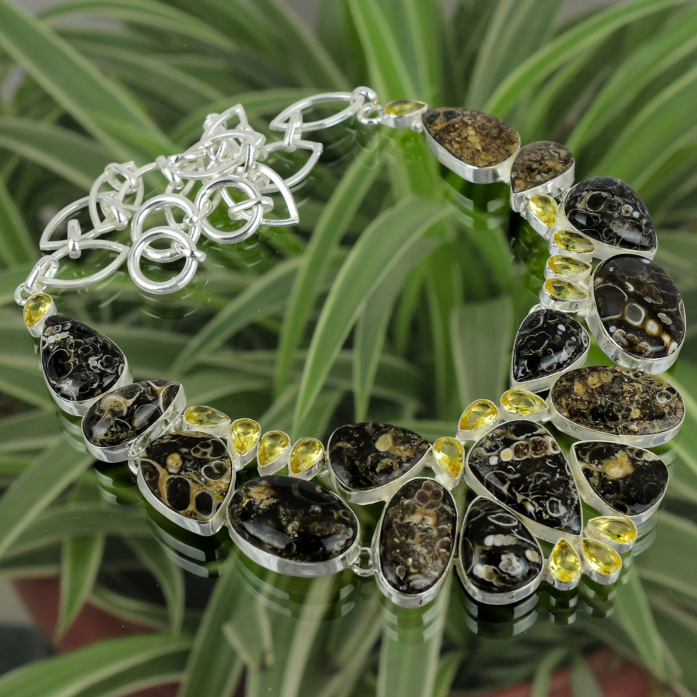 Handmade Turritella Agate Lemon Quartz Necklace: 925 Sterling Silver Handmade Turritella Agate Lemon Quartz Necklace: 925 Sterling Silver