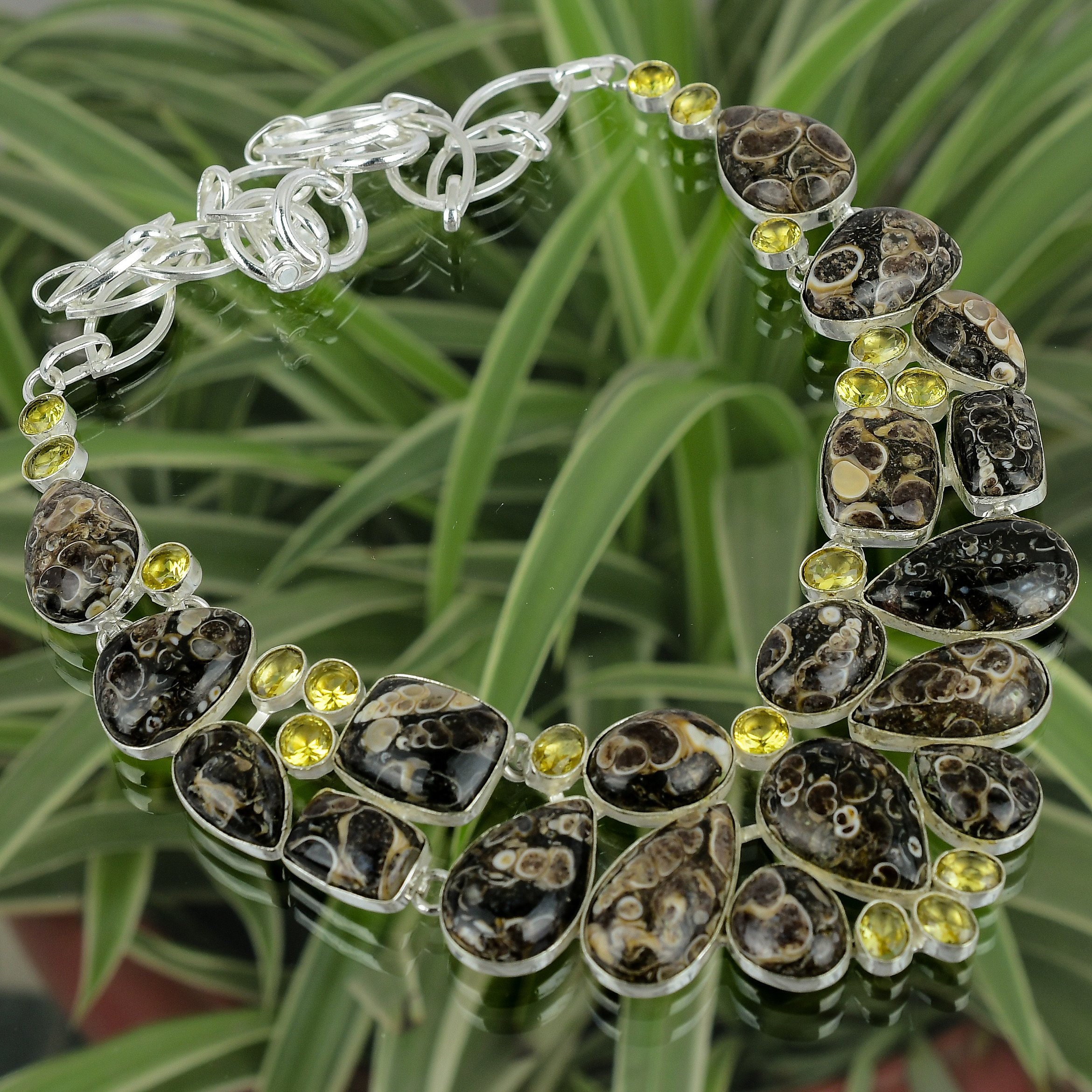 Handmade Turritella Agate Lemon Quartz Necklace: 925 Sterling Silver