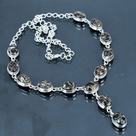 Handmade Turritella Agate Necklace: Sterling Silver Adjustable Chain