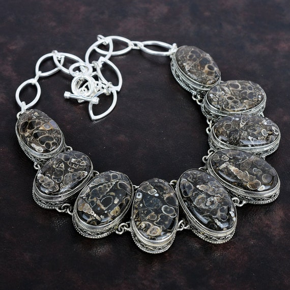 Turritella Agate Necklace: Handmade 925 Sterling Silver Adjustable Chain