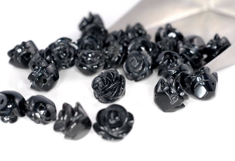 12mm Black Agate Gemstone Carved Rose Flower Beads Bulk Lot 5,10,20,30,50 (90187264-002)
