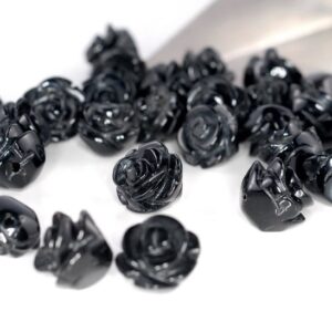 14mm Black Agate Gemstone Carved Rose Flower Beads Bulk Lot 5,10,20,30,50 (90187263-002)