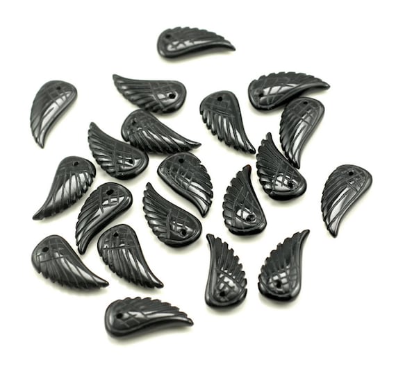 25x12mm Black Agate Gemstone Carved Angel Wing Beads Bulk Lot 2,6,12,24,48 (90187202-001)