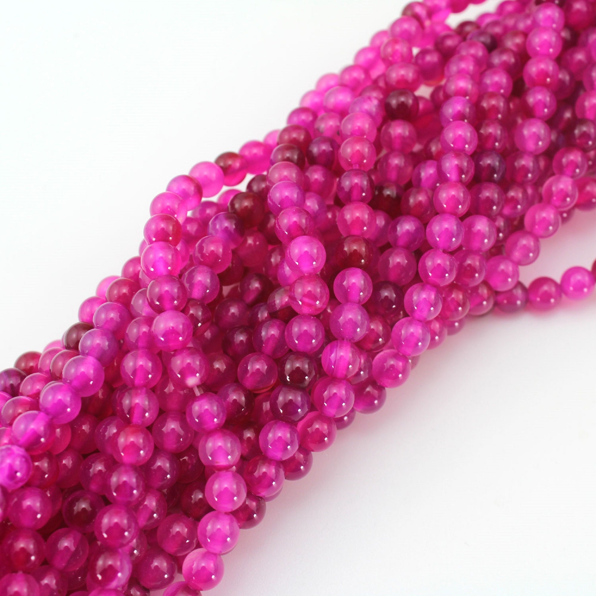 Hot Pink Agate Beads: 6mm Smooth Gemstone Beads For Jewelry Making Stn0085-4mm
