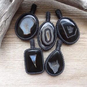 Black Agate Druzy Geode Macrame Necklace, May Birthstone Pendant Necklace, Black Stone Pendant, Gift For Him, Dad, Husband, Co-worker Gift