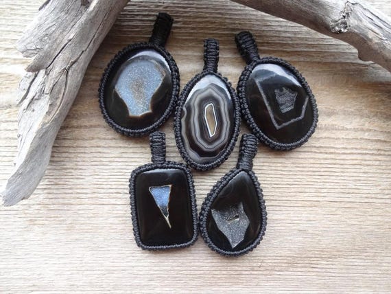 Black Agate Druzy Geode Macrame Necklace, May Birthstone Pendant Necklace, Black Stone Pendant, Gift For Him, Dad, Husband, Co-worker Gift