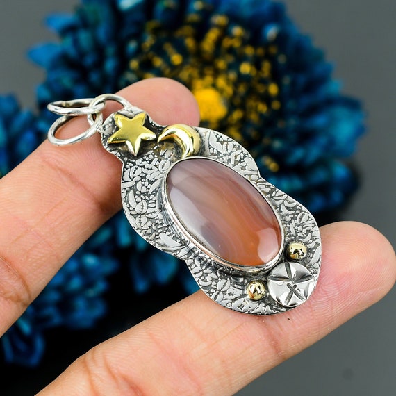 Botswana Agate Pendant: Sterling Silver Moon Star Jewelry
