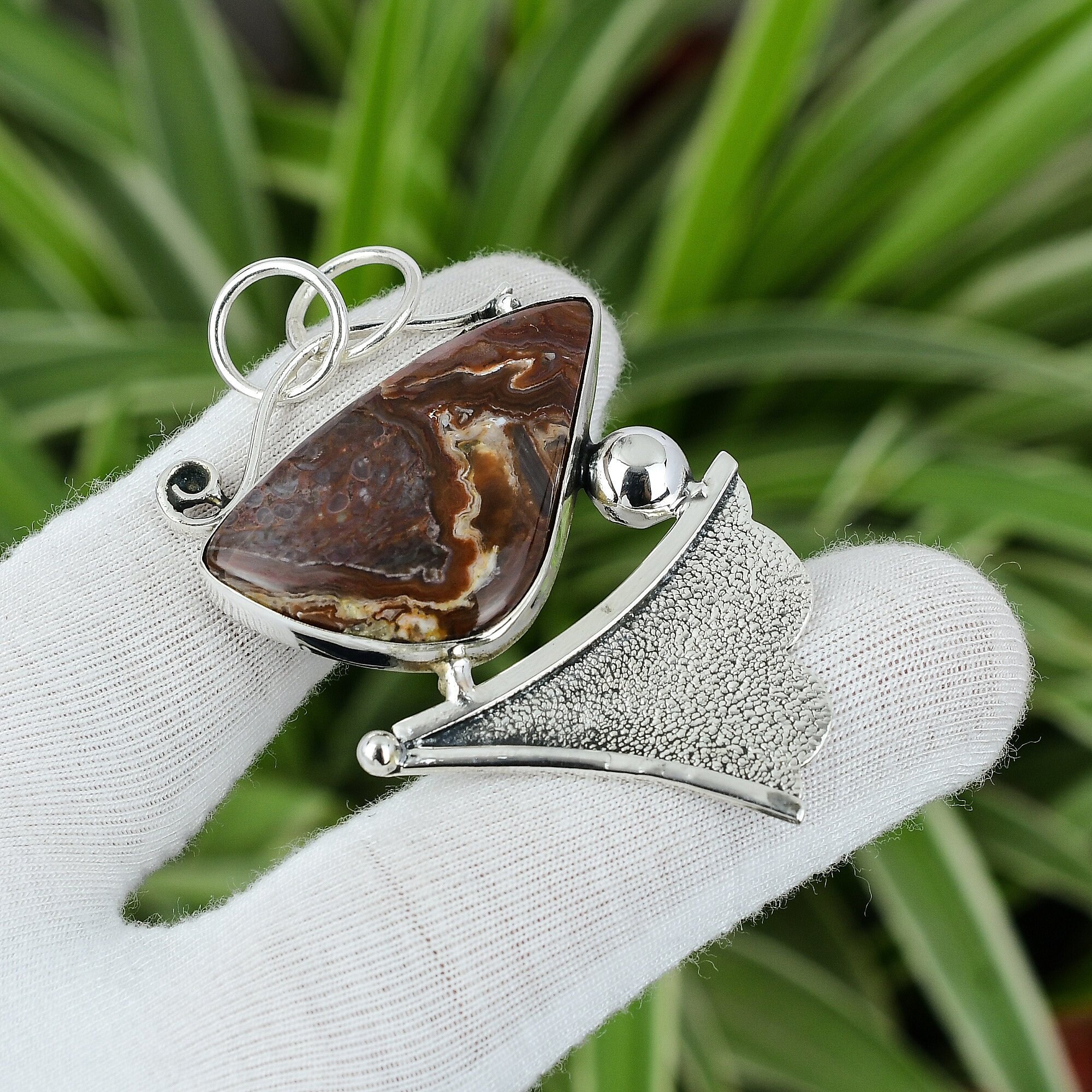 Handmade Crazy Lace Agate 925 Sterling Silver Pendant: Gemstone Jewelry