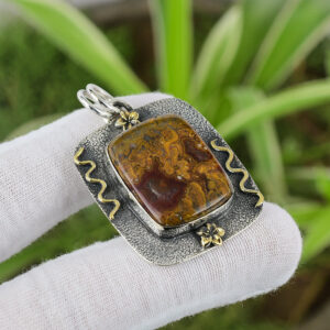 Handmade Crazy Lace Agate Pendant: 925 Sterling Silver, 18k Gold Plated