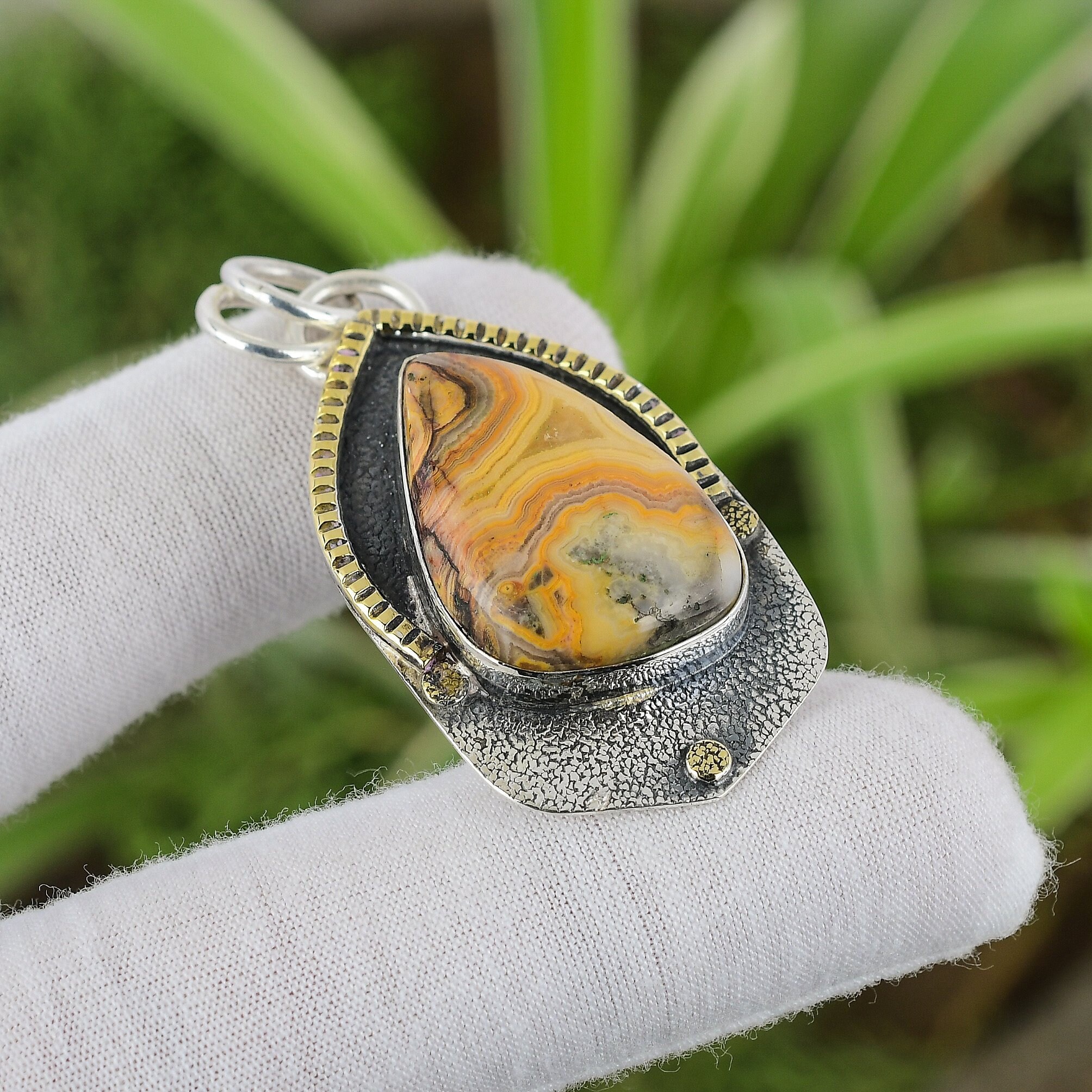Handmade Crazy Lace Agate 925 Sterling Silver Pendant - 18k Gold Plated