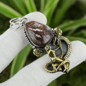 Handmade Crazy Lace Agate Dragon Pendant: 925 Sterling Silver, 18k Gold Plated