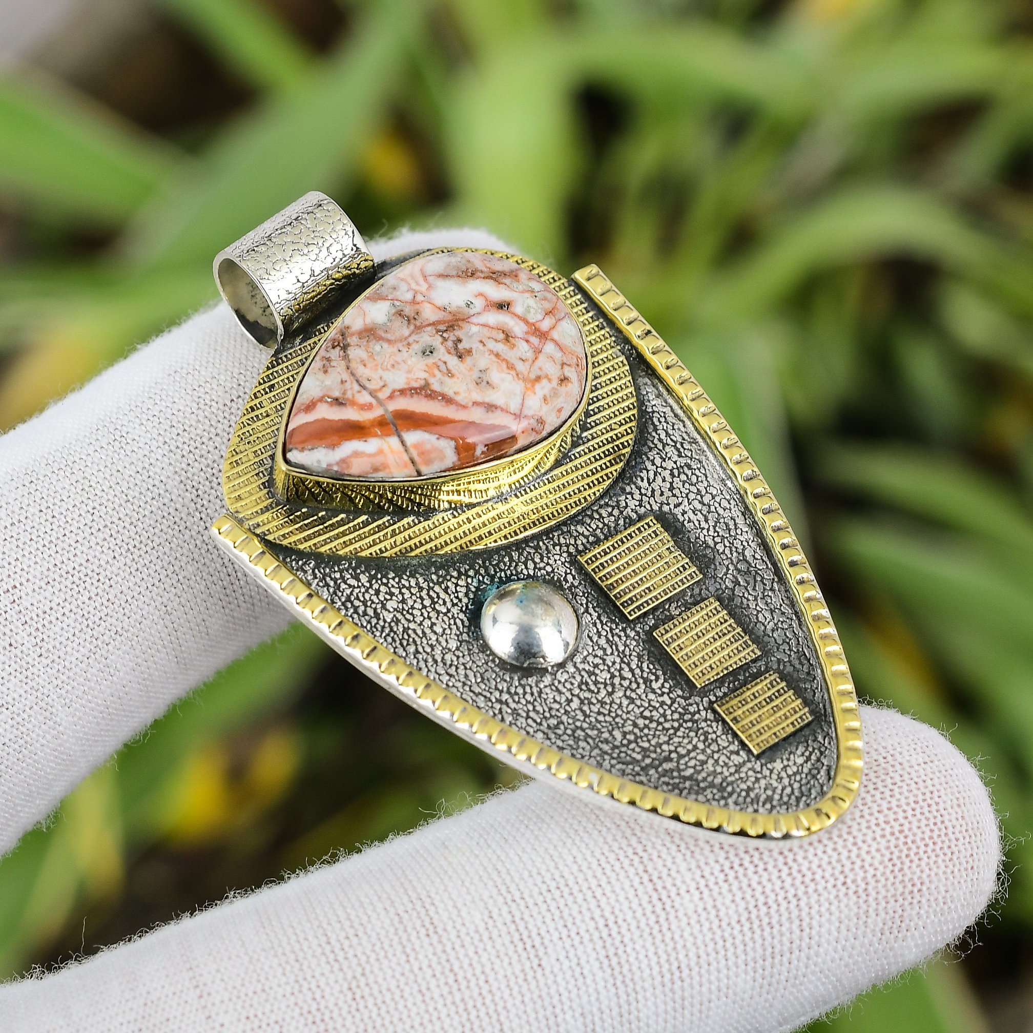 Handmade Crazy Lace Agate Pendant: 925 Sterling Silver, 18k Gold Plated