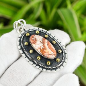 Handmade Crazy Lace Agate Pendant: 925 Sterling Silver, 18k Gold Plated