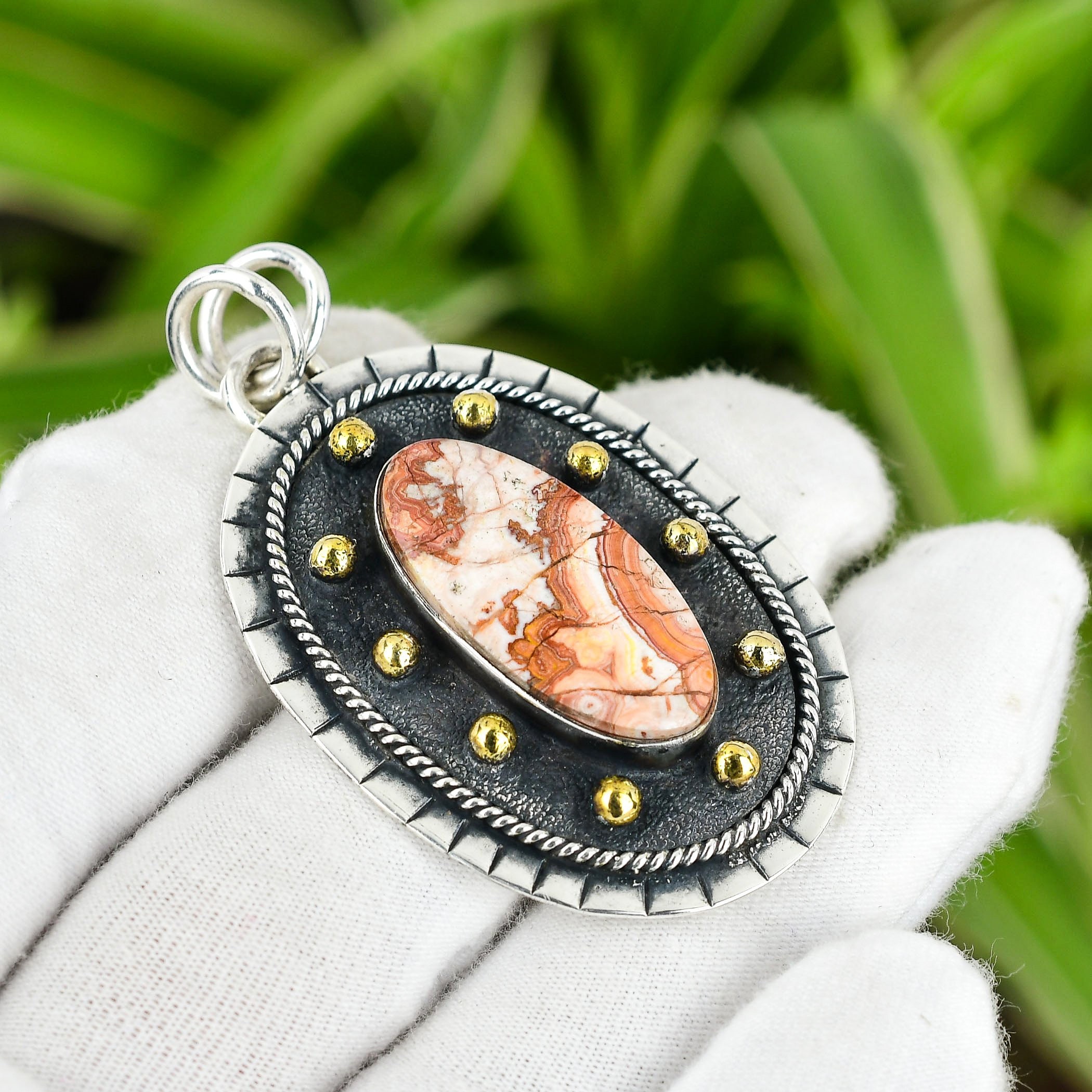 Handmade Crazy Lace Agate Pendant: 925 Sterling Silver, 18k Gold Plated