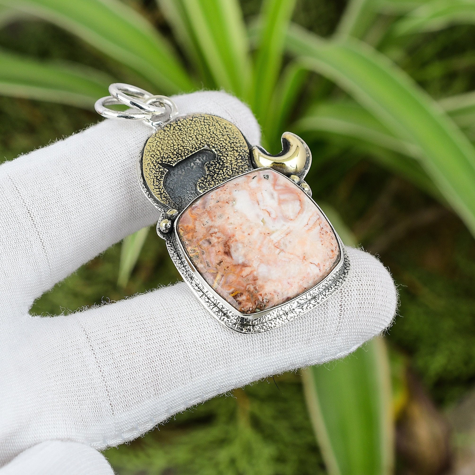 Handmade Crazy Lace Agate Pendant: 925 Sterling Silver, 18k Gold Plated Handmade Crazy Lace Agate Pendant: 925 Sterling Silver, 18k Gold Plated