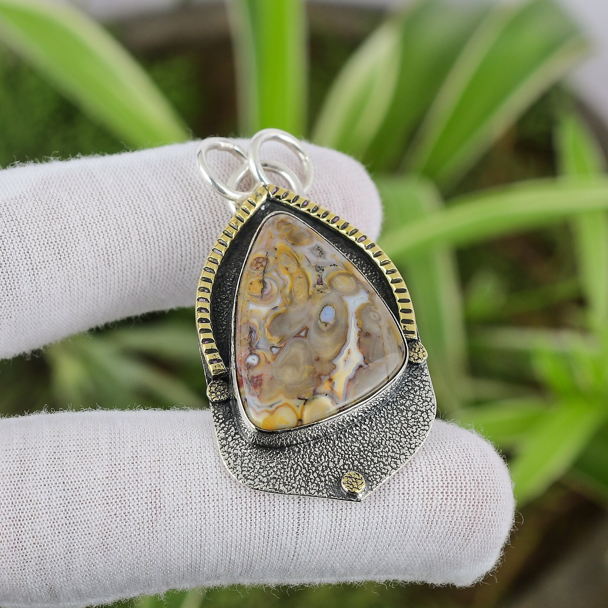 Handmade Crazy Lace Agate Pendant: 925 Sterling Silver, 18k Gold Plated