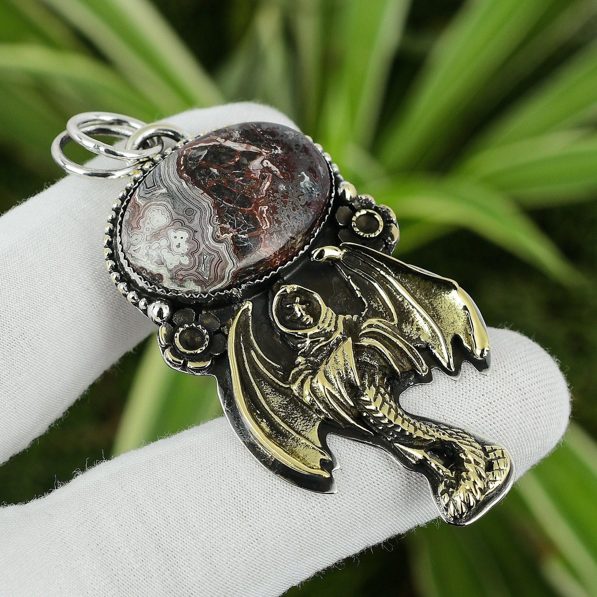 Handmade Laguna Lace Agate Dragon Pendant: 925 Sterling Silver, 18k Gold Plated