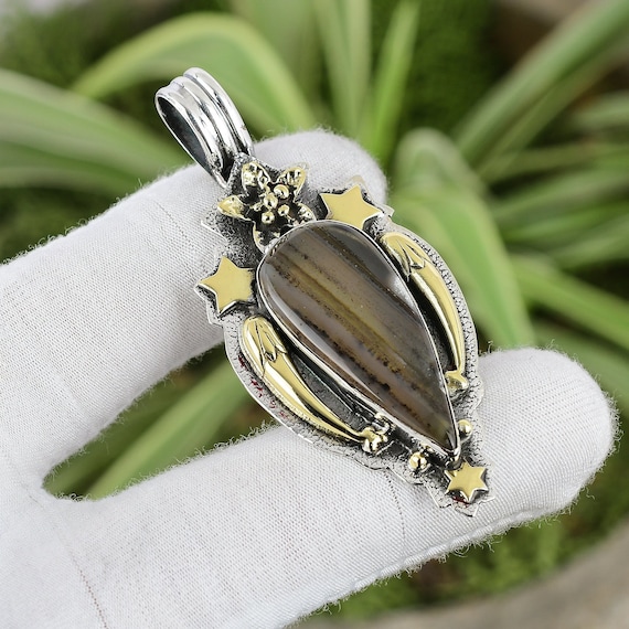 Handmade Montana Agate Pendant: 925 Sterling Silver, 18k Gold Plated