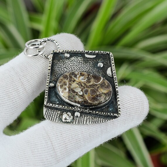 Handmade Turritella Agate Pendant: Antique Sterling Silver Statement Jewelry Handmade Turritella Agate Pendant: Antique Sterling Silver Statement Jewelry