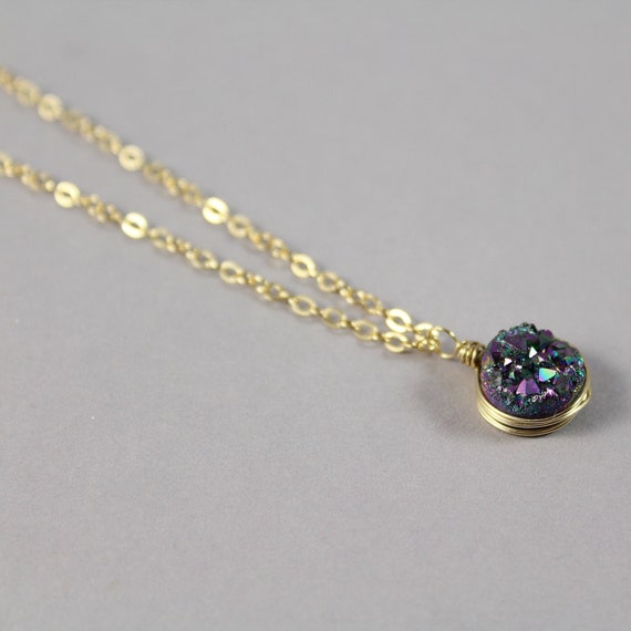 Rainbow Druzy Necklace, Birthday Gift For Her,  Druzy Agate Necklace, Druzy Quartz Pendant Necklace, Raw Quartz Necklace, Gold..silver. Rose