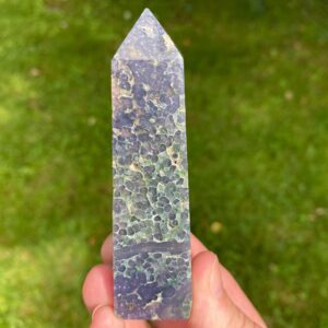 3.8" Grape Agate Tower, Polished Druzy Point, Semi-polished Purple And Green Botryoidal Chalcedony With Druzy Quartz, #12
