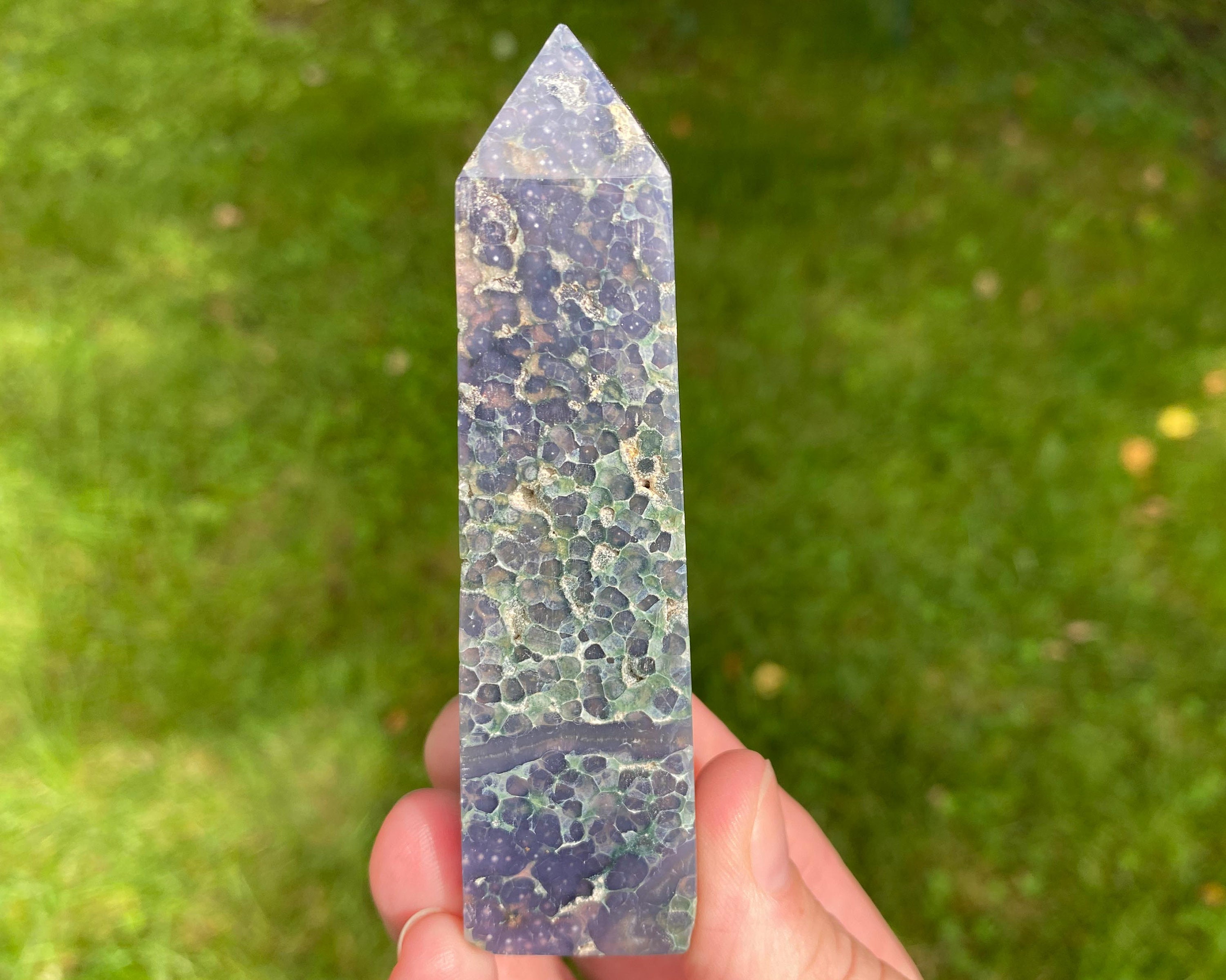 3.8" Grape Agate Tower, Polished Druzy Point, Semi-polished Purple And Green Botryoidal Chalcedony With Druzy Quartz, #12 3.8" Grape Agate Tower, Polished Druzy Point, Semi-polished Purple And Green Botryoidal Chalcedony With Druzy Quartz, #12