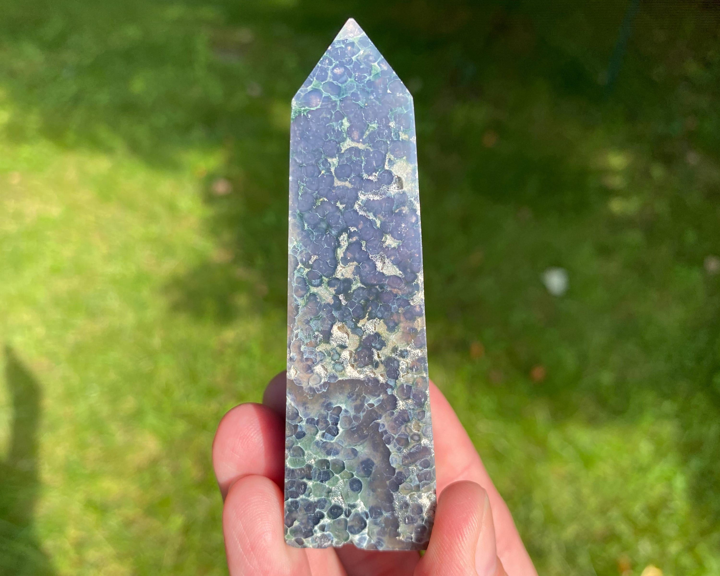 3.3 In Grape Agate Tower, Semi-polished Purple & Green Chalcedony Crystal #13