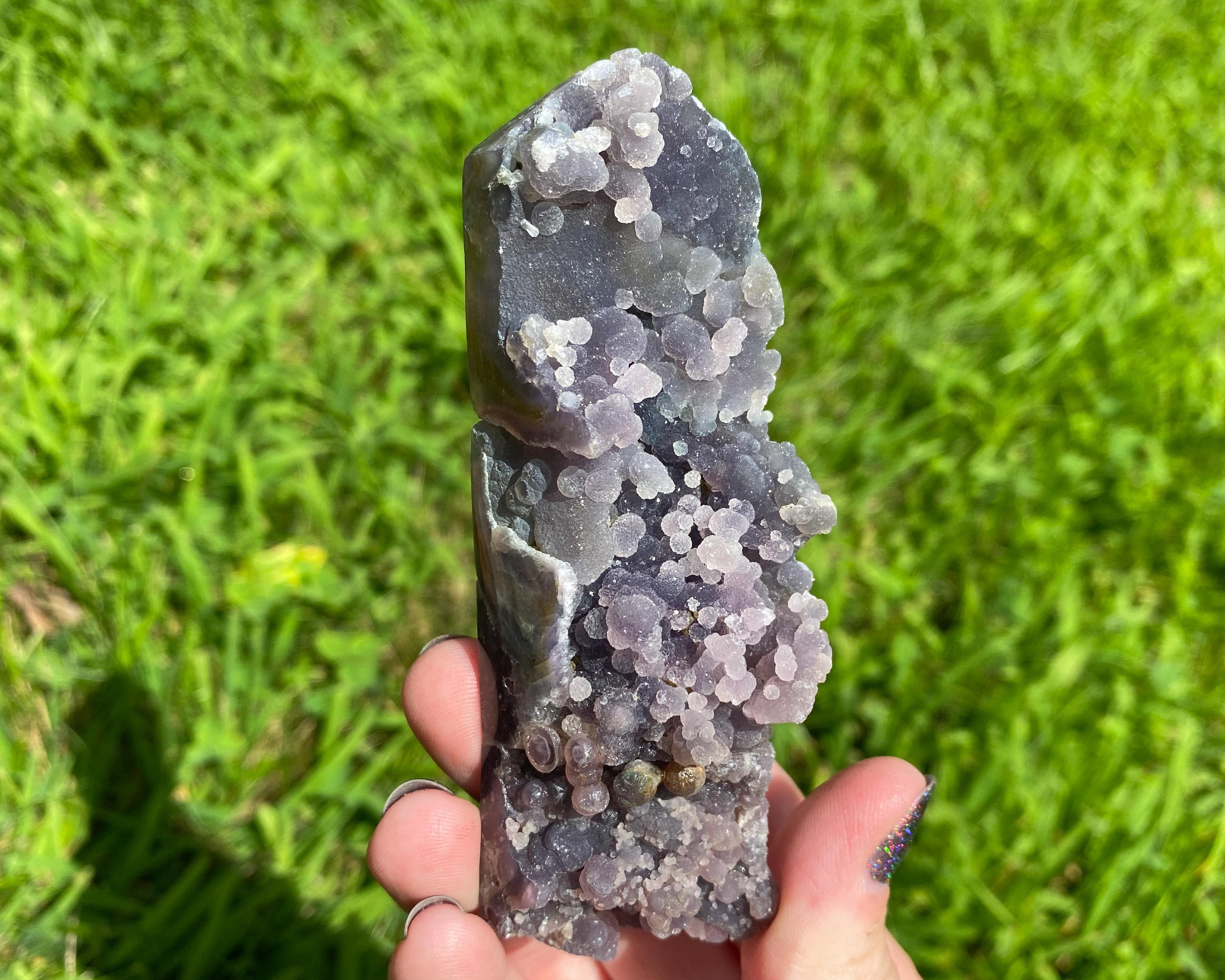 4.1" Sparkly Grape Agate Tower, Polished Druzy Point, Semi-polished Purple And Green Botryoidal Chalcedony With Druzy Quartz, Velvet #6 4.1" Sparkly Grape Agate Tower, Polished Druzy Point, Semi-polished Purple And Green Botryoidal Chalcedony With Druzy Quartz, Velvet #6