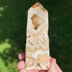 4" Crazy Lace Agate Tower: Druzy Quartz Pockets, Pink White Banded Agate Point #1