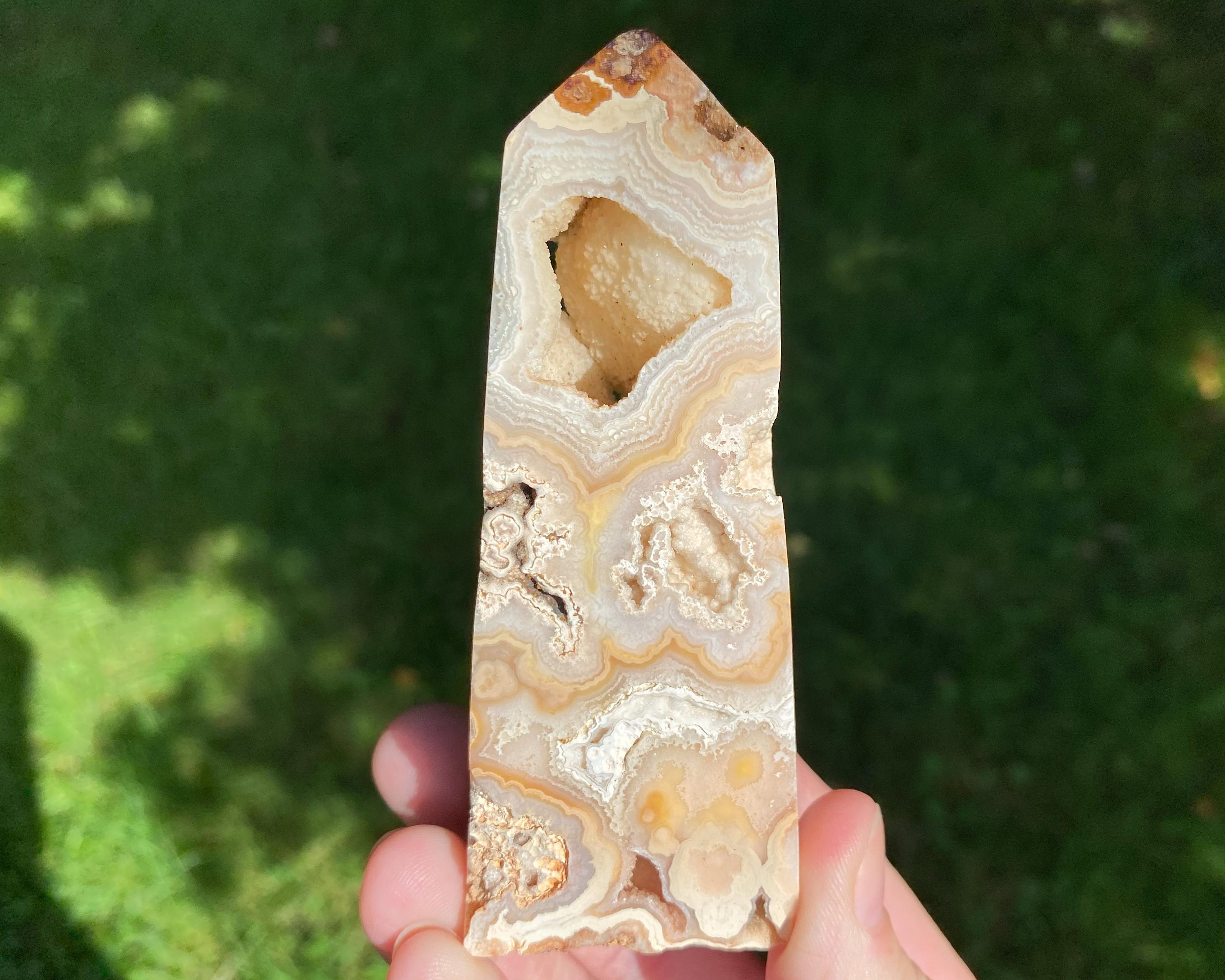 4" Crazy Lace Agate Tower: Druzy Quartz Pockets, Pink White Banded Agate Point #1 4" Crazy Lace Agate Tower: Druzy Quartz Pockets, Pink White Banded Agate Point #1