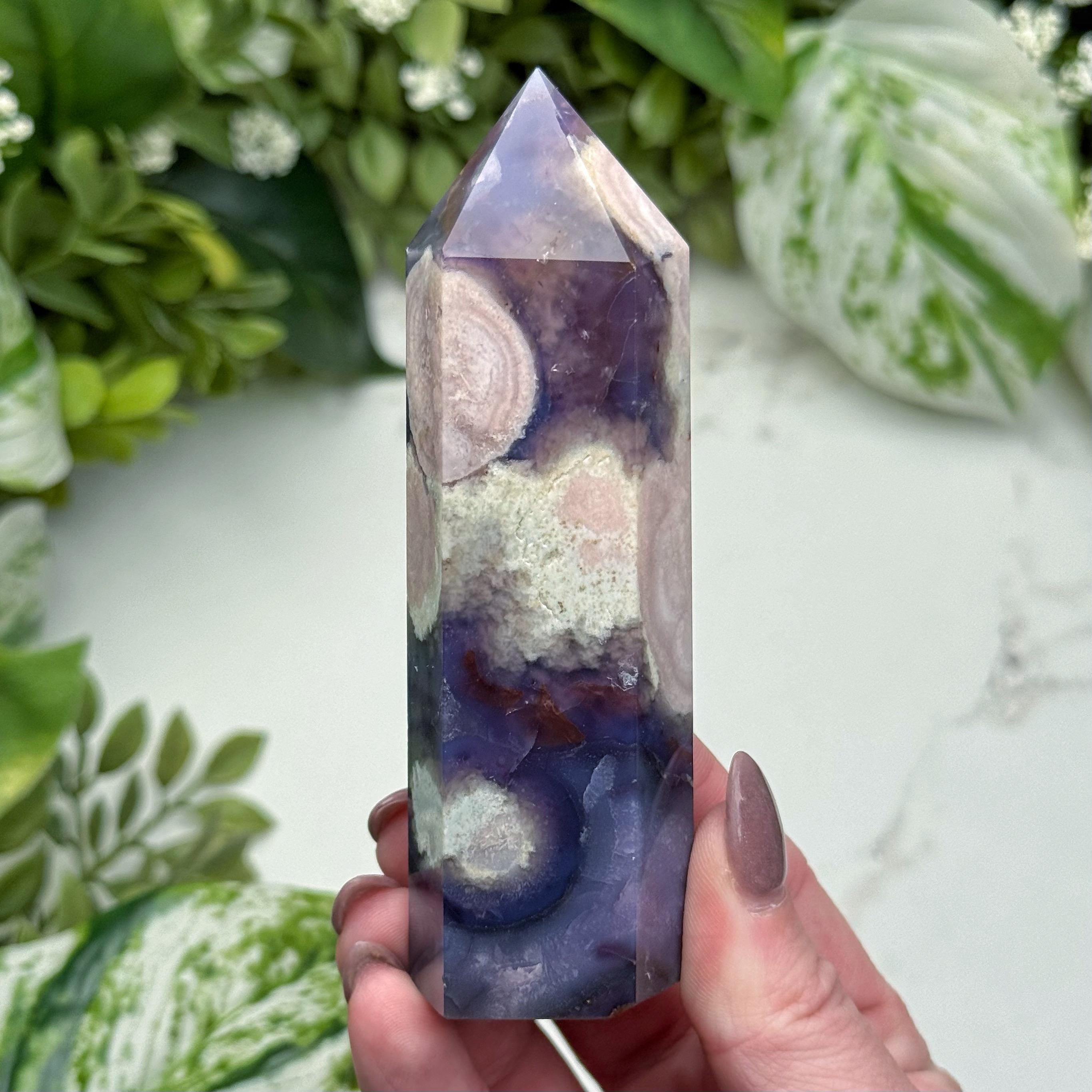 Blue Flower Agate Point | 144g | - #5 (polished Crystal Tower, All Chakras, Healing Stone, Growth)