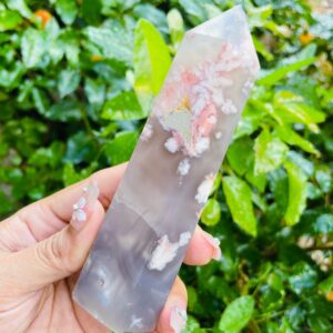 Cherry Blossom Flower Agate Crystal Tower: Pink, Gray, Cream Gemstone Point