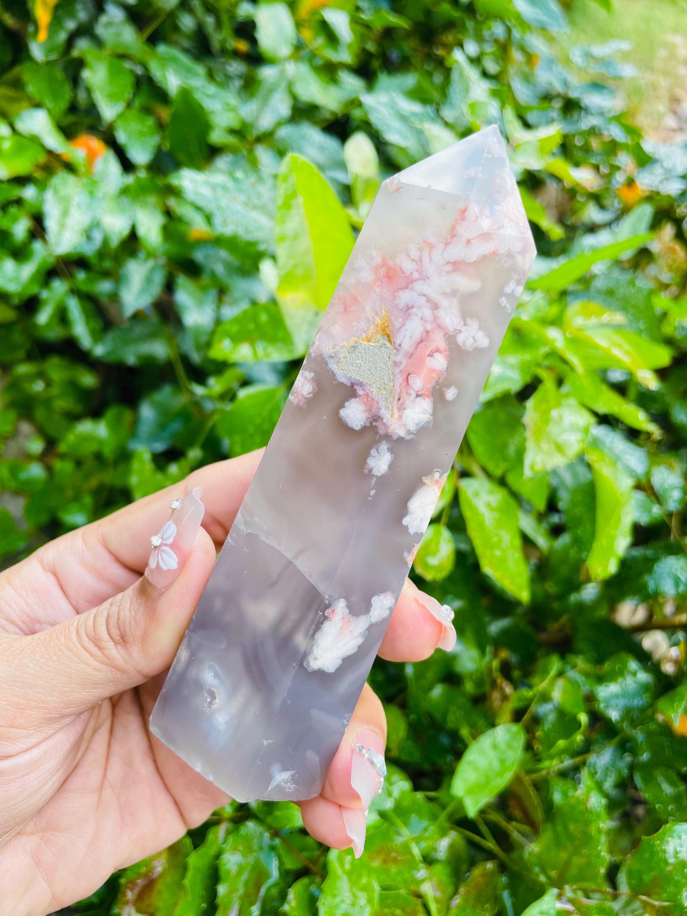 Cherry Blossom Flower Agate Crystal Tower: Pink, Gray, Cream Gemstone Point