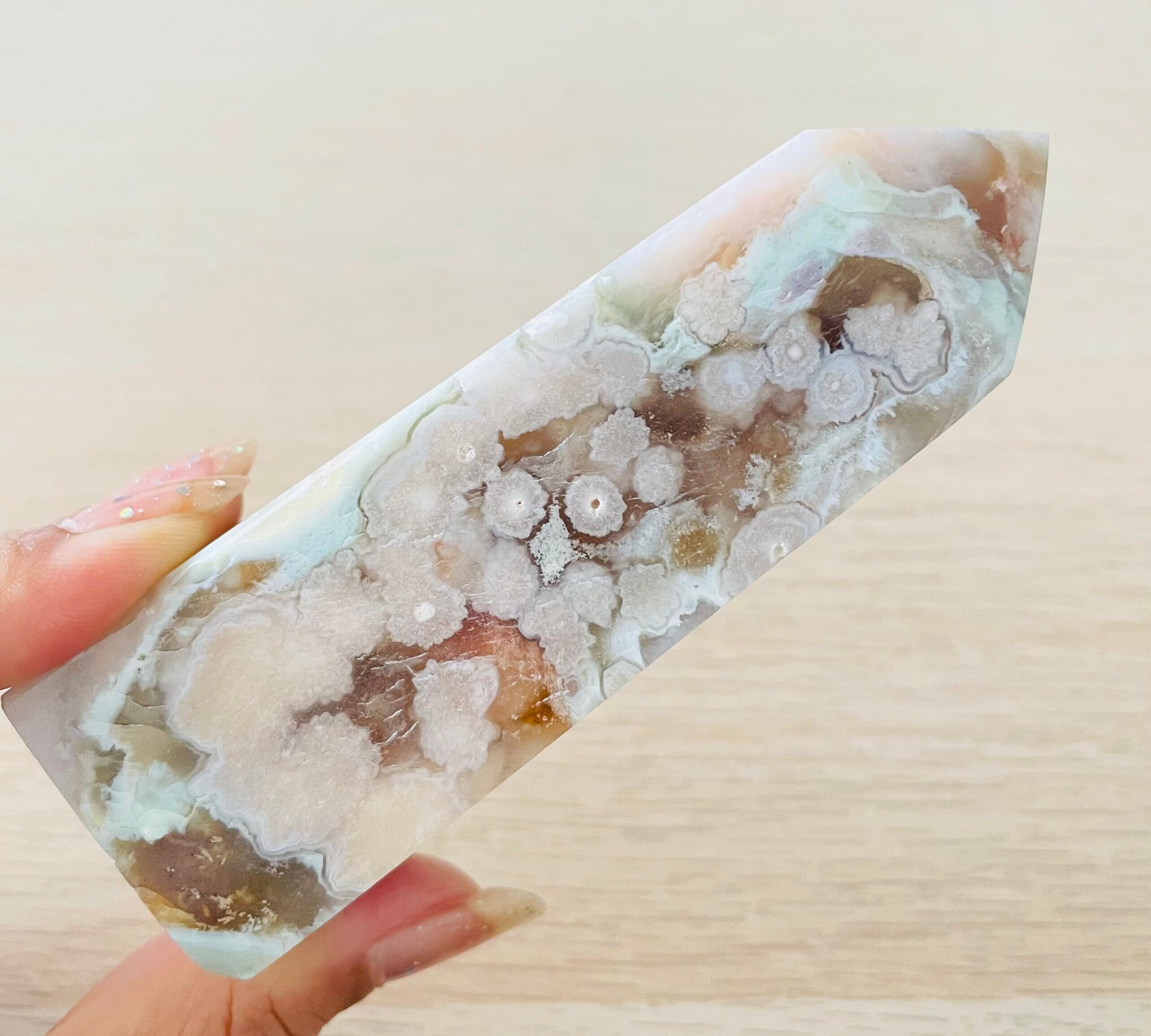 Cherry Flower Agate Point: Pink, Green & Purple Crystal Tower (212g) Cherry Flower Agate Point: Pink, Green & Purple Crystal Tower (212g)