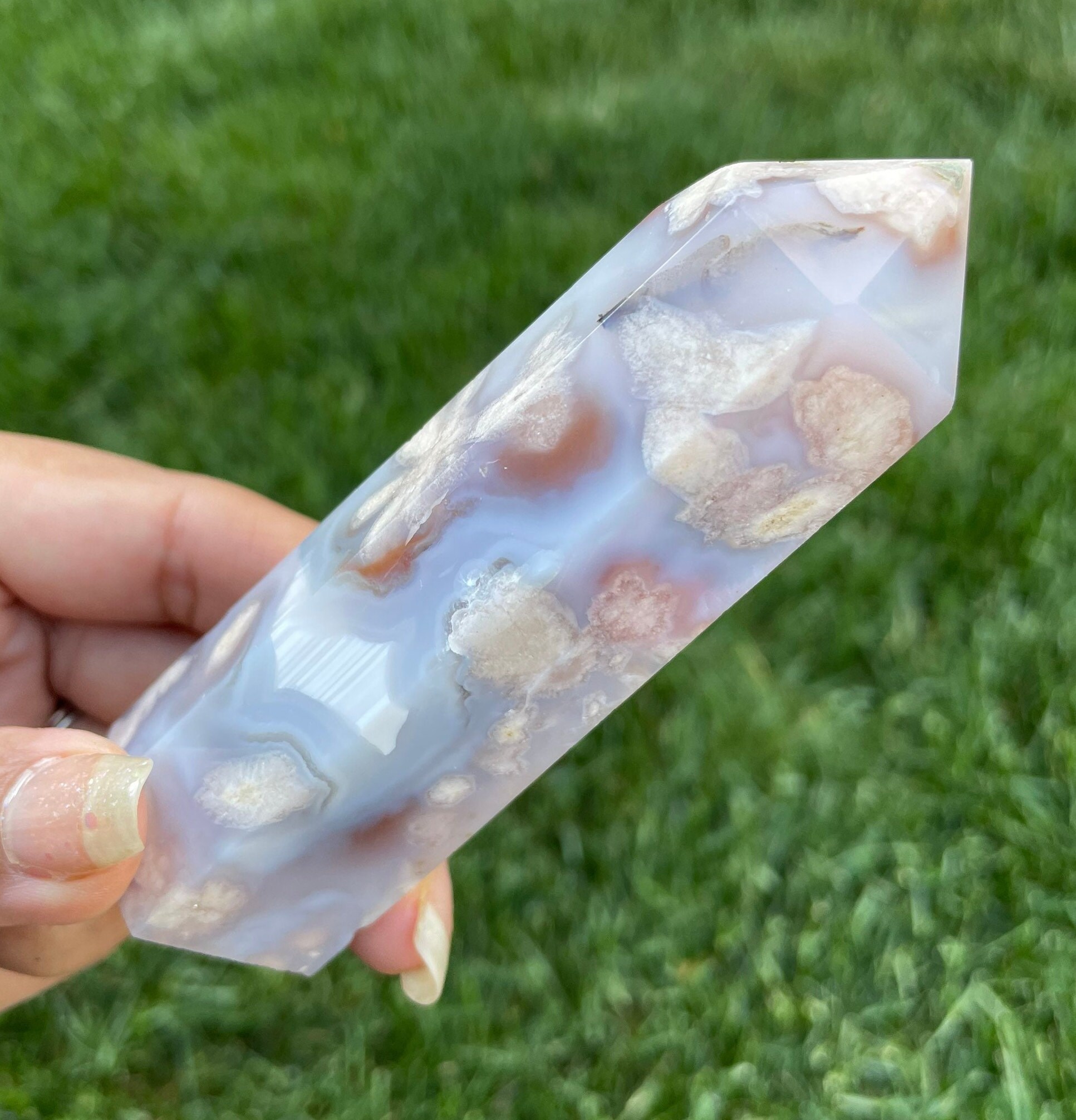 Flower Agate Crystal Point: Purple Blue Sakura Gemstone Tower #45 Flower Agate Crystal Point: Purple Blue Sakura Gemstone Tower #45