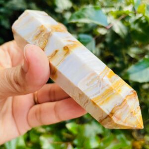Mexican Agate Crystal Point (106.11G) Mexico Crazy Lace Agate Tower Stone, Natural Yellow Brown Cream Gemstone