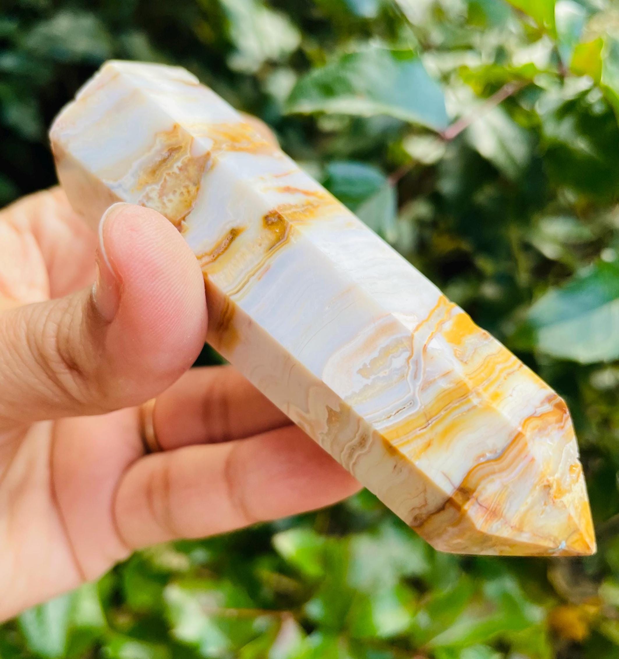 Mexican Agate Crystal Point (106.11g) Mexico Crazy Lace Agate Tower Stone, Natural Yellow Brown Cream Gemstone