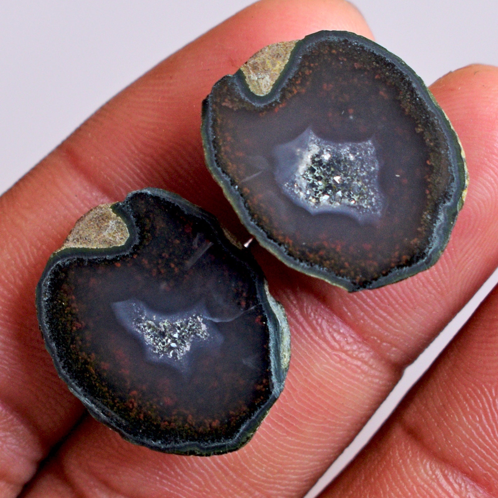 Natural Druzy Agate Geode Pair, Polished Gemstone Cabochons