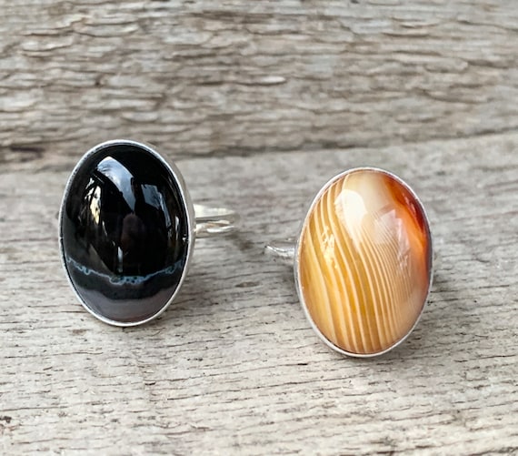 Black Or Yellow Swirly Striped Agate Sterling Silver Ring | Agate Ring | Choose Your Stone | Boho | Black Stone Ring | Yellow Stone Ring