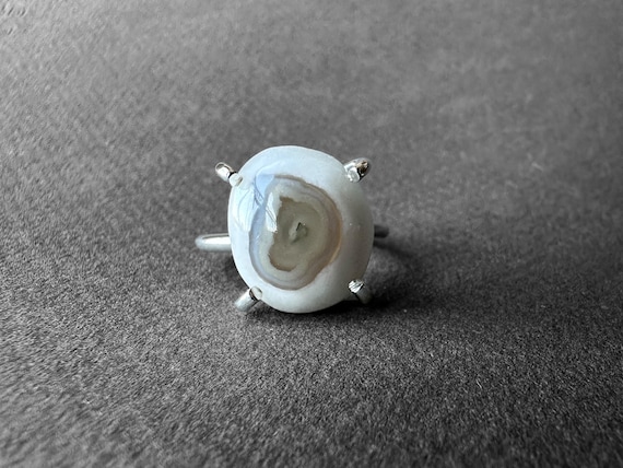 Cute Angel Eye Agate Silver Ring, Simple Design Agate Ring, White Eye Agate, Eye Agate Stone, Daily Use Agate, Eye Agate Ring Size 5 6 7 8 9