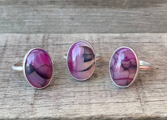 Dainty Small Oval Purple Black Veined Dragon Agate Sterling Silver Ring | Dragon Ring | Witchy | Boho | Gifts For Her | Choose Your Size