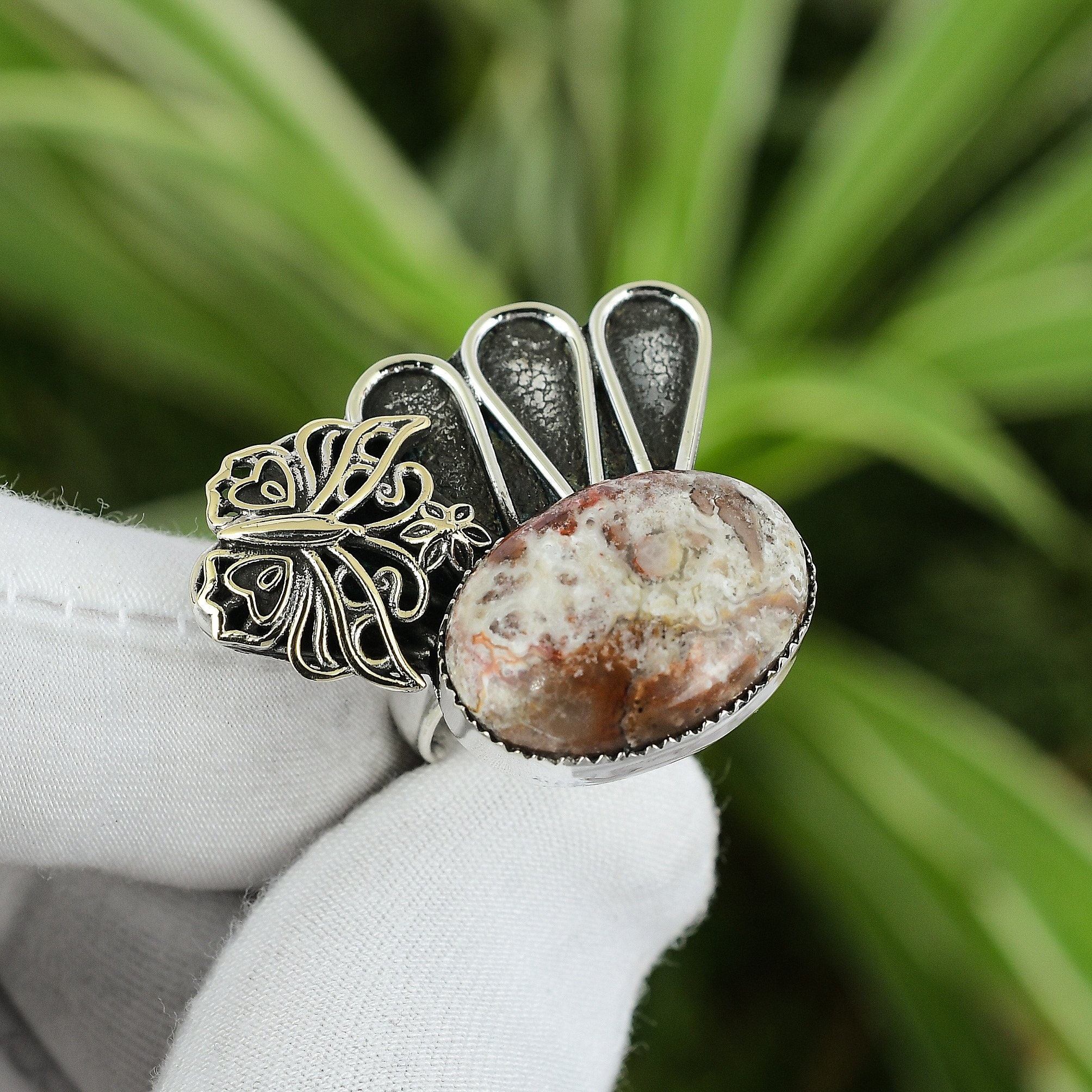 Handmade Crazy Lace Agate Ring: Sterling Silver Butterfly Jewelry Handmade Crazy Lace Agate Ring: Sterling Silver Butterfly Jewelry