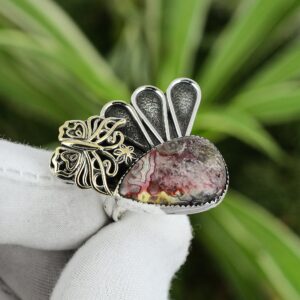 Handmade Crazy Lace Agate Ring: 925 Sterling Silver, 18k Gold Butterfly, Adjustable