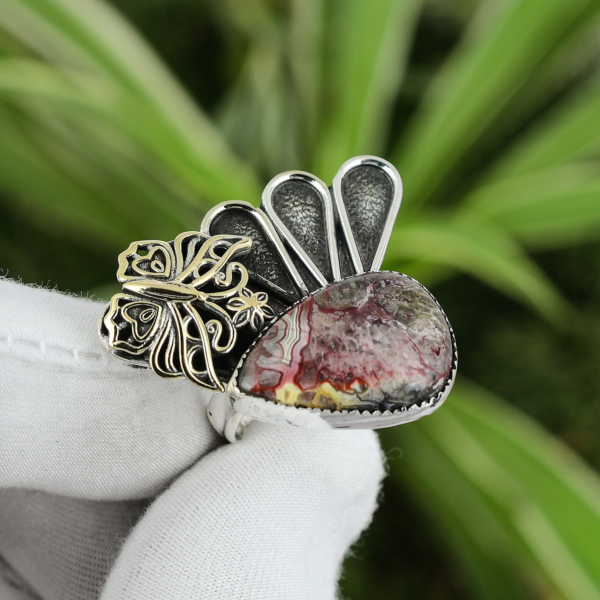 Handmade Crazy Lace Agate Ring: 925 Sterling Silver, 18k Gold Butterfly, Adjustable