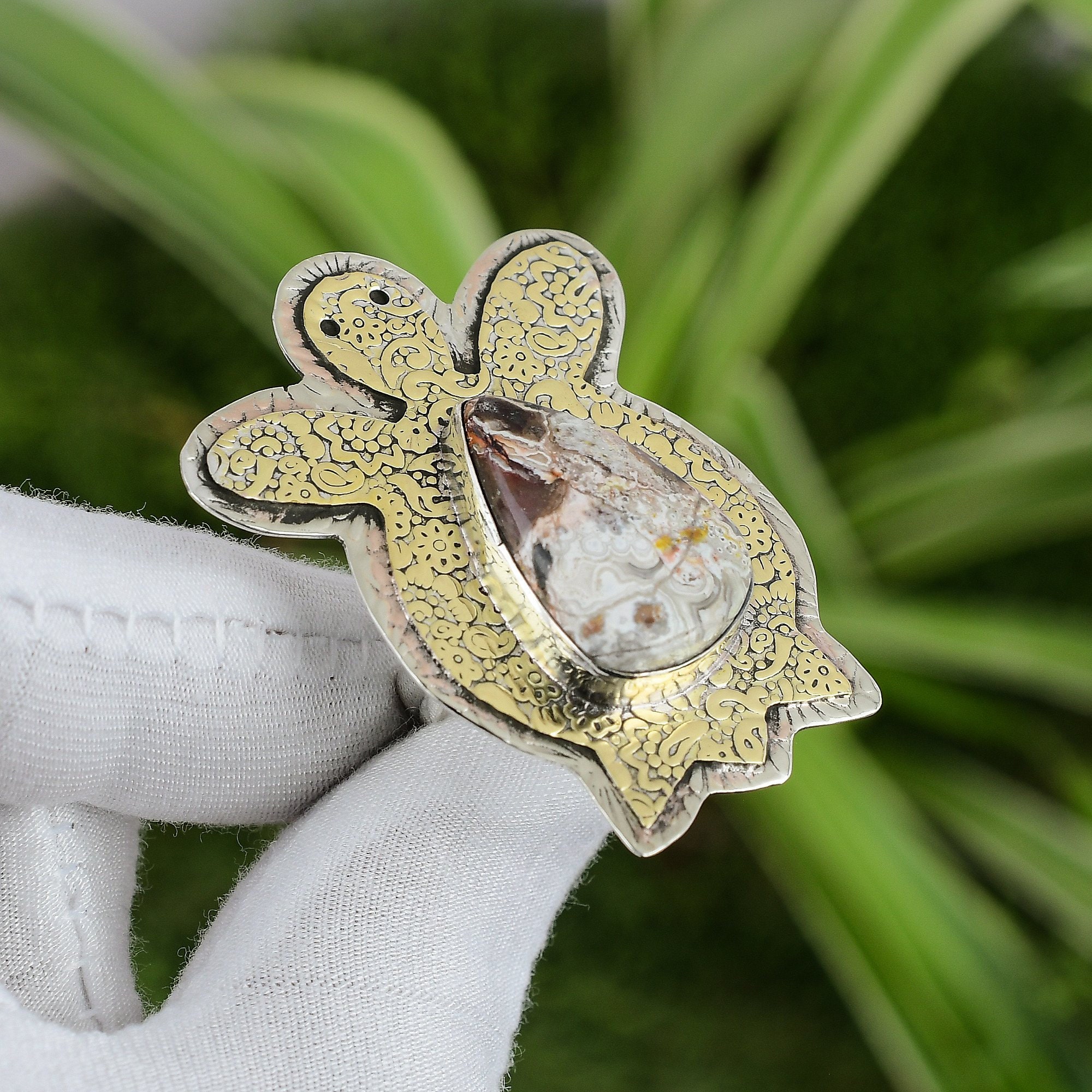Handmade Mexican Laguna Lace Agate Ring: 925 Sterling Silver 18k Gold Plated Tortoise