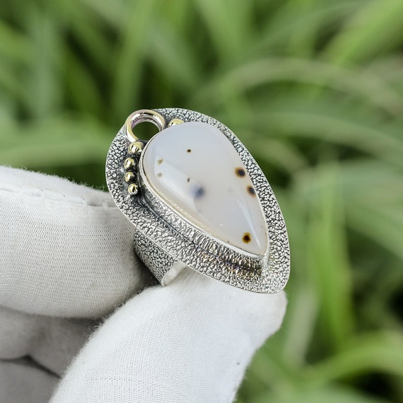 Handmade Pear Montana Agate Ring: 925 Sterling Silver, Size 6.25