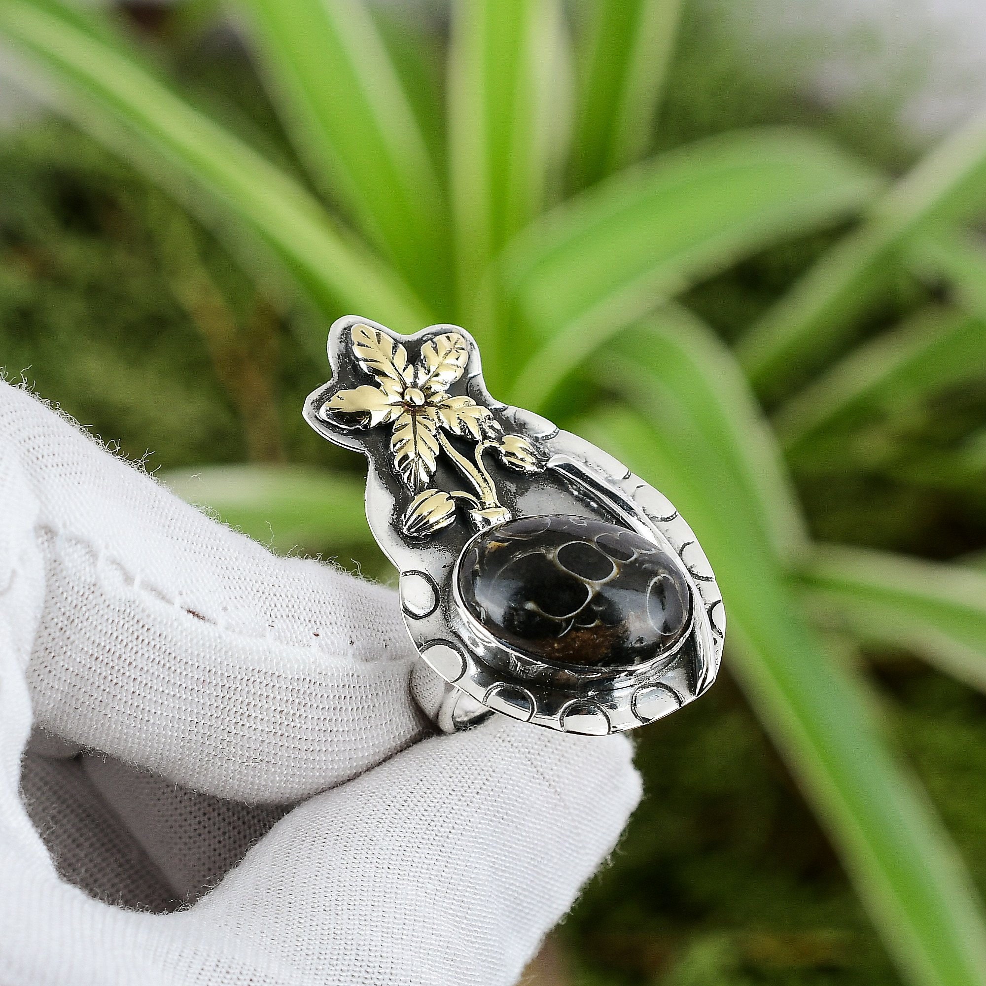 Handmade Turritella Agate Ring: 925 Sterling Silver 18k Gold Flower, Adjustable